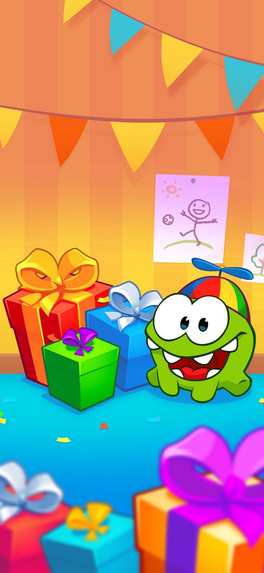 om nom, cut the rope, candy, little monster, gifts, colorful