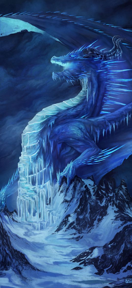 dragon, ice, snow, blue, art, mountains