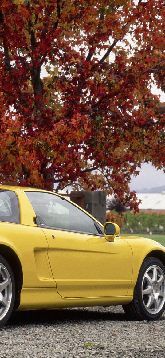 acura, nsx-t, yellow, side view, style, cars, nature, trees