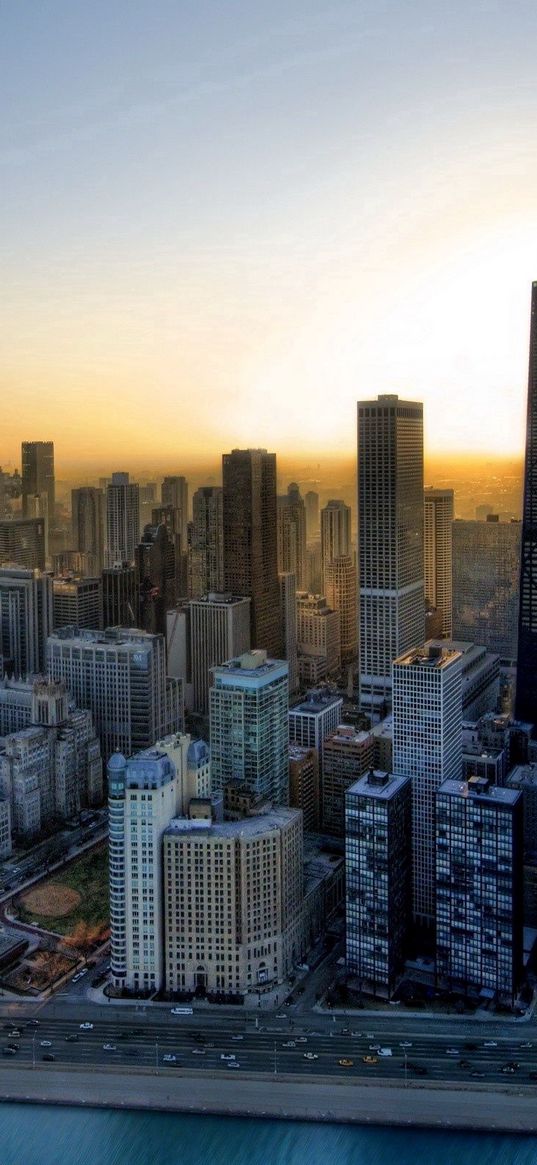 building, sunrise, chicago, skyscrapers, hdr