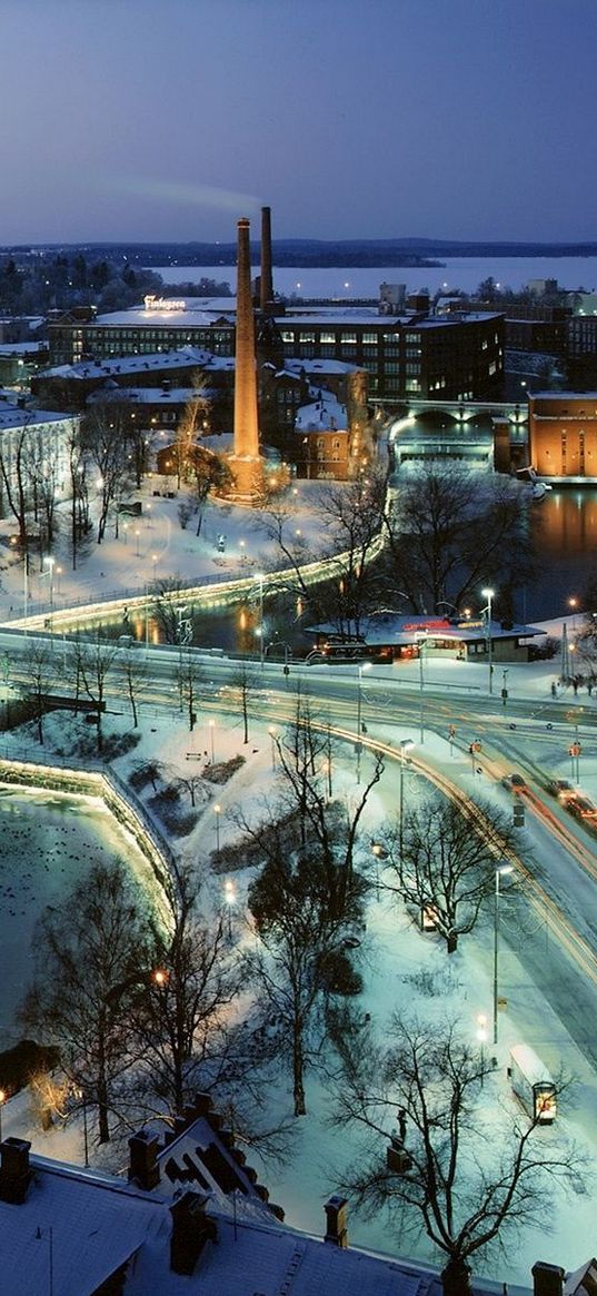 winter, road, river, bridge