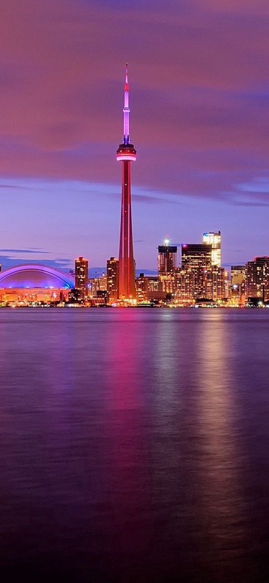 canada, night, water, tower, lights, toronto