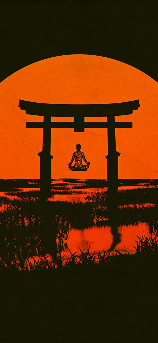 torii, silhouette, meditation, sun, arch, vector