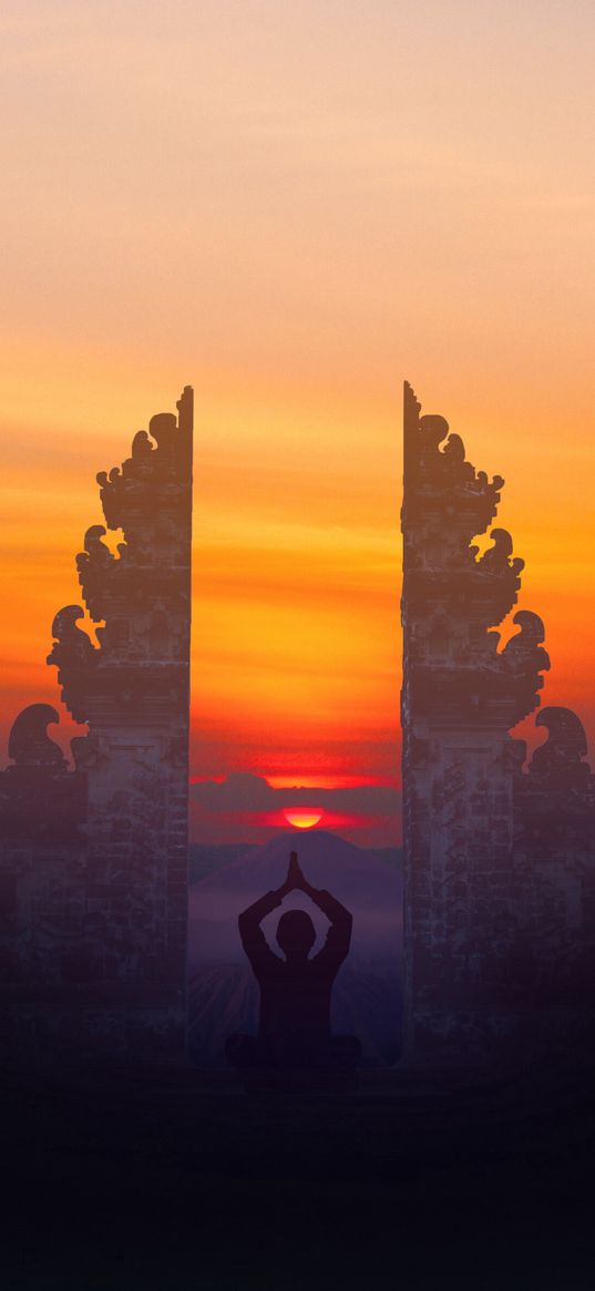 gates, meditation, sunset, silhouette