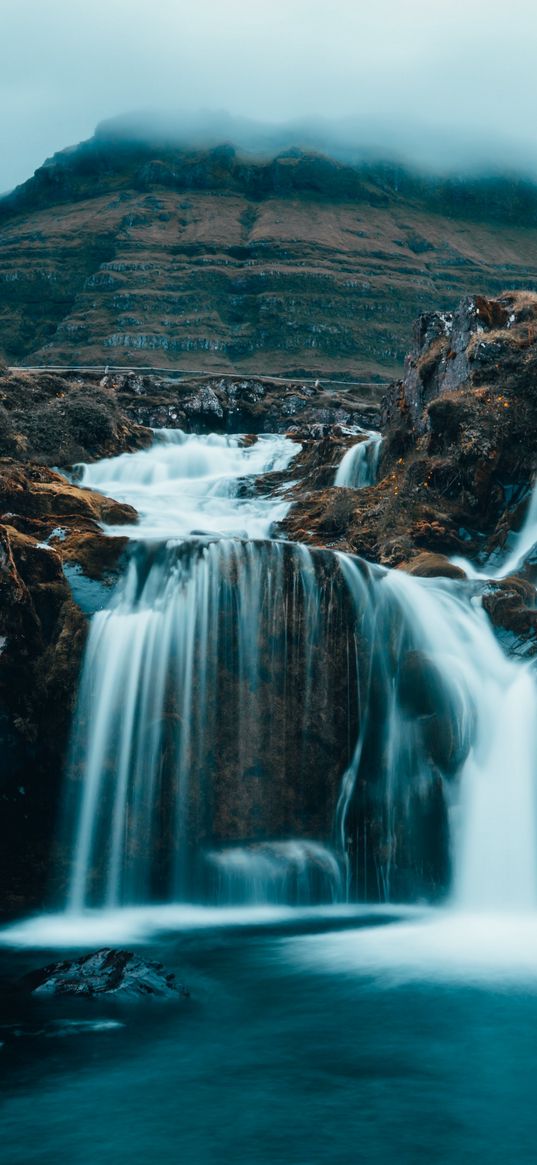 waterfall, fog, current, hills