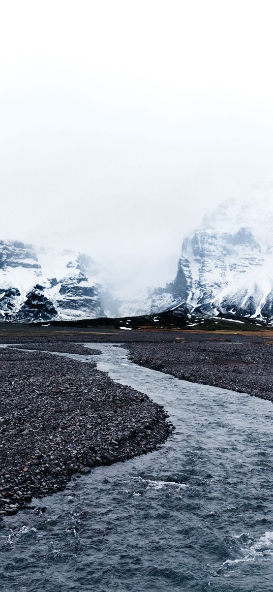 river, glaciers, mountains, fog, current, stones, iceland