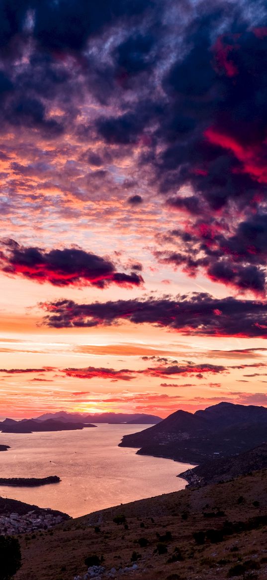 sea, sunset, clouds, mountains, croatia