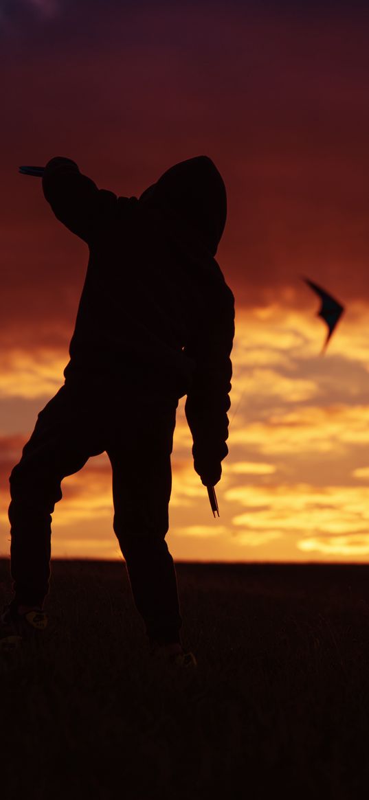 kite, silhouette, sunset, sky