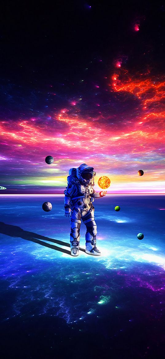 cosmonaut, astronaut, space suit, space, planets, colorful