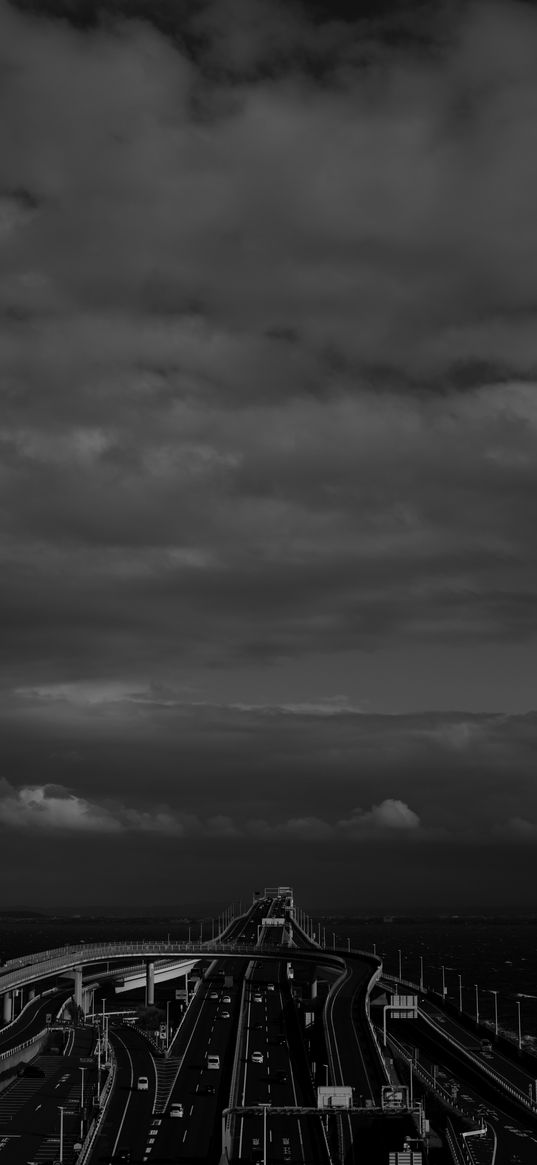 road, highway, bw, sky, clouds, dark