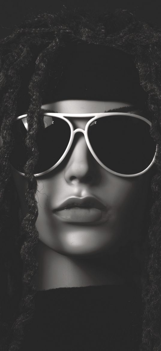 dummy, dreadlocks, glasses, bw, portrait