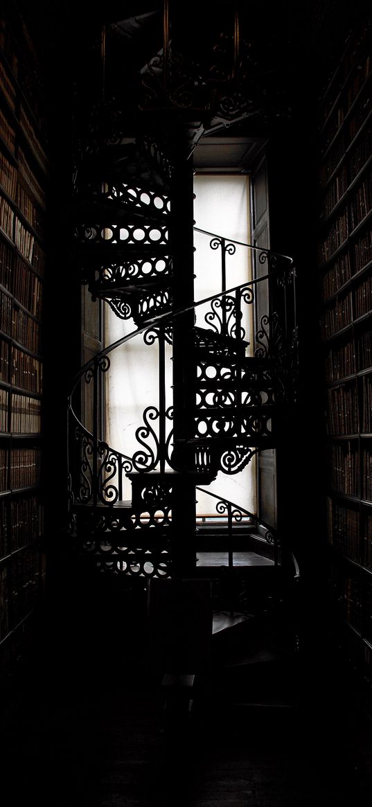 staircase, spiral staircase, library, books, dark