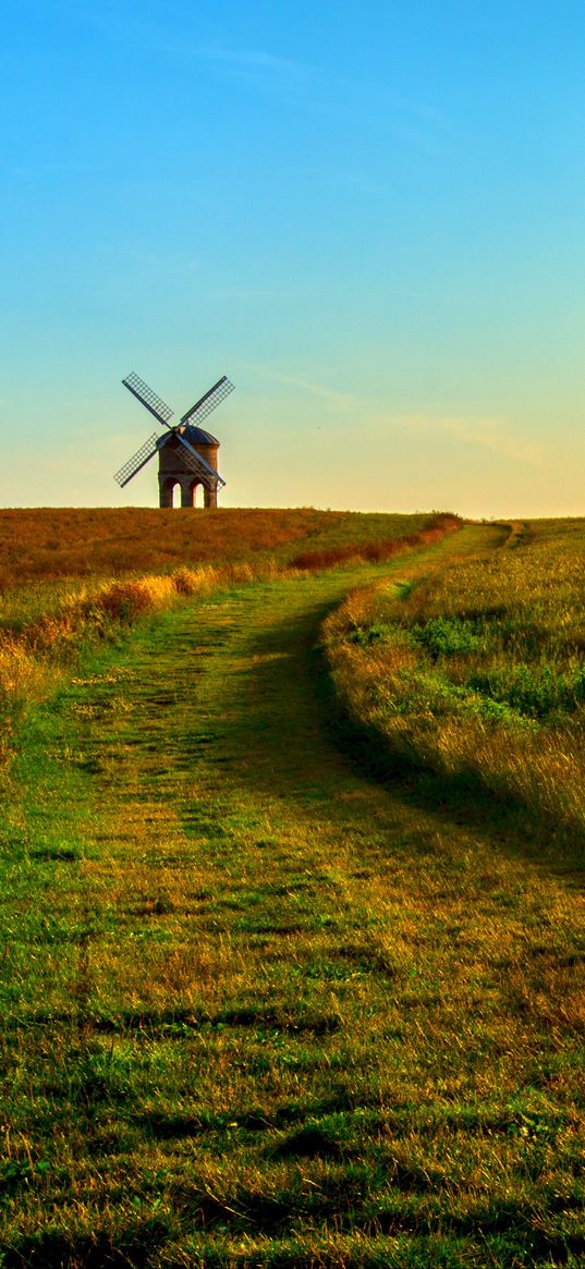 field, mill, horizon, summer, grass, sunset