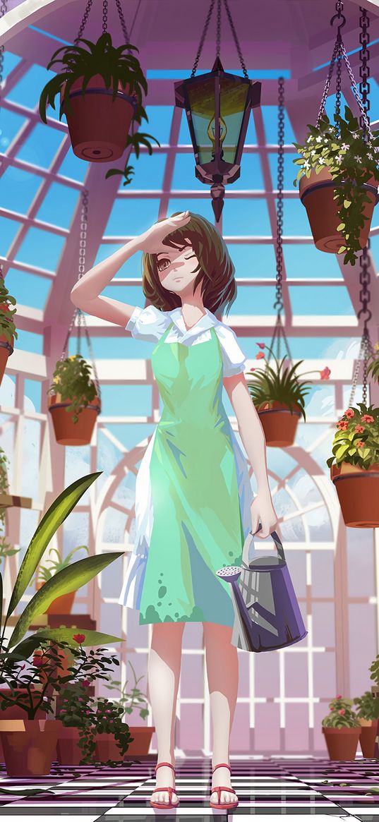 girl, greenhouse, flowers, water, anime