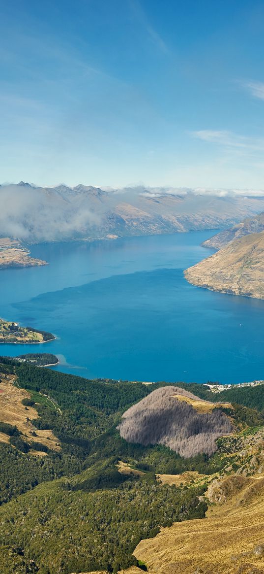 mountains, lake, view from above, clouds, new zealand