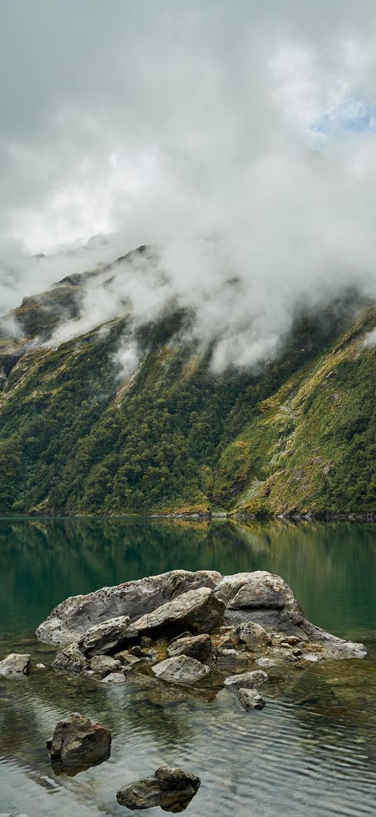 lake, fog, rocks, mountain, stone, new zealand