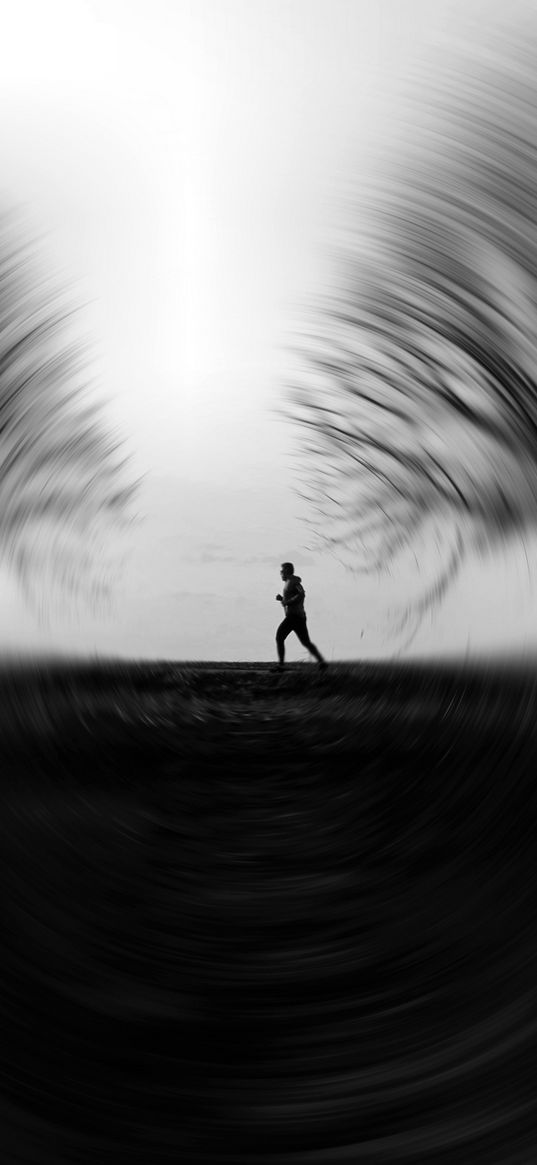 silhouette, run, speed, bw, trees