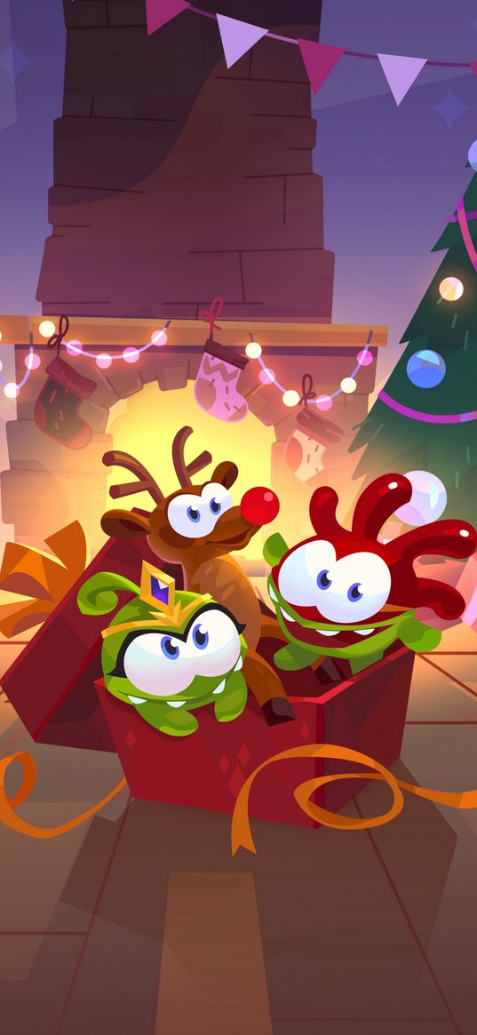 om nom, cut the rope, little monster, christmas, box, surprise