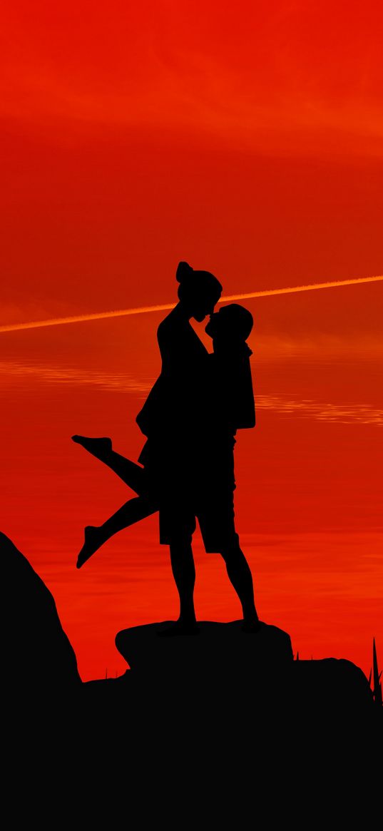 silhouettes, couple, kiss, passion