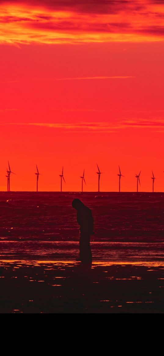 silhouette, wind turbines, sunset, horizon, red