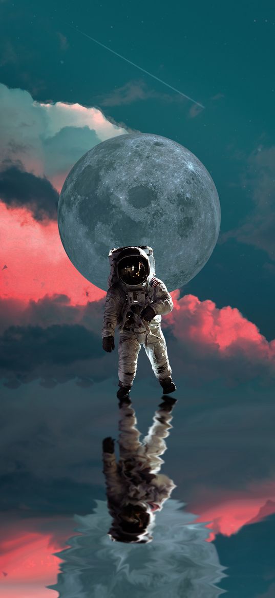 cosmonaut, astronaut, spacesuit, planet, clouds, reflection