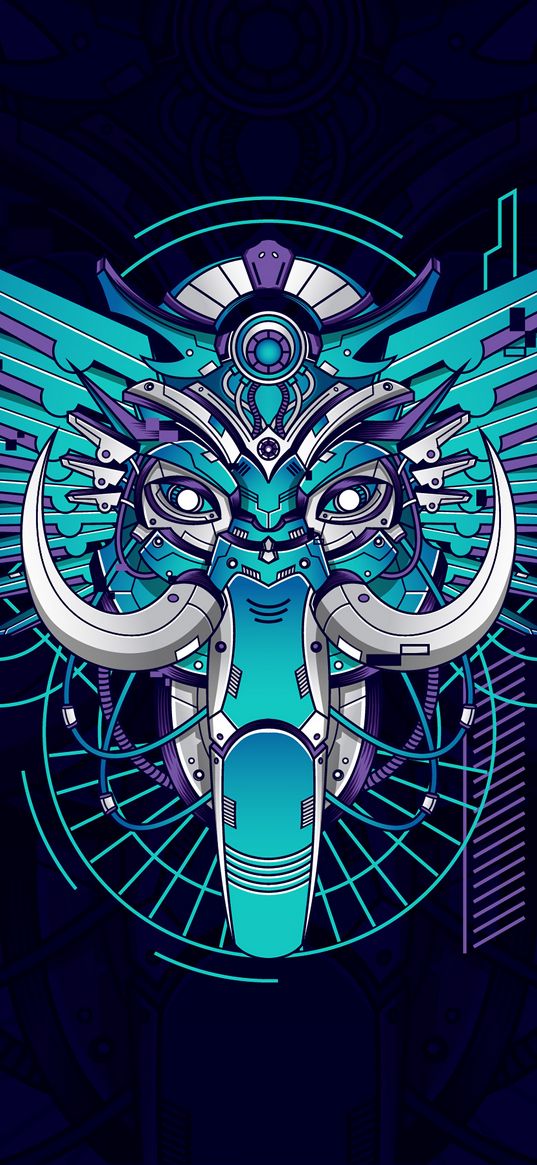 elephant, robot, mechanical, head, tusks, art