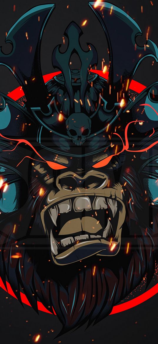 gorilla, demon, angry, grin, sparkling eyes, helmet, art