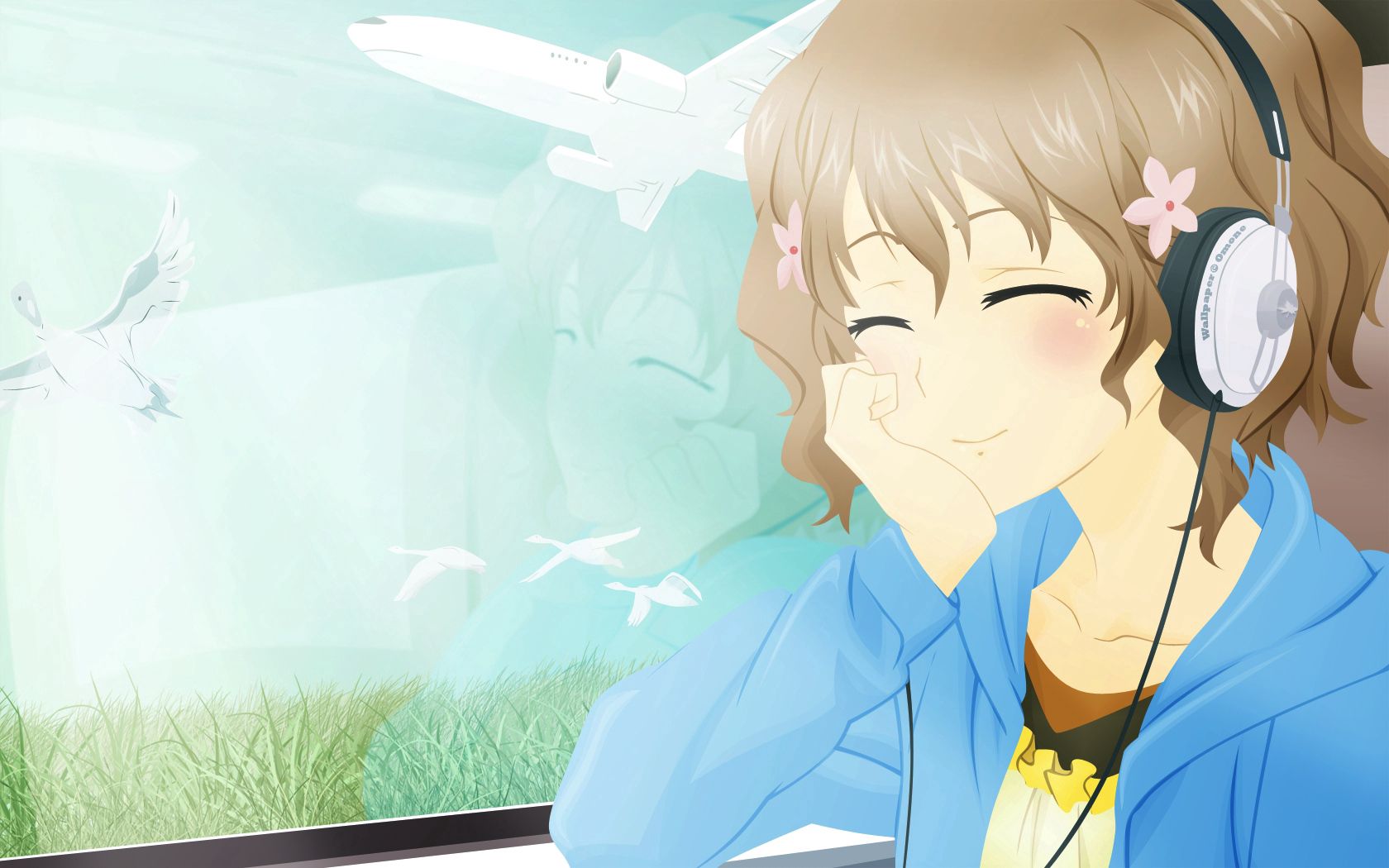 girl, cute, smile, plane, bird, headphones, music