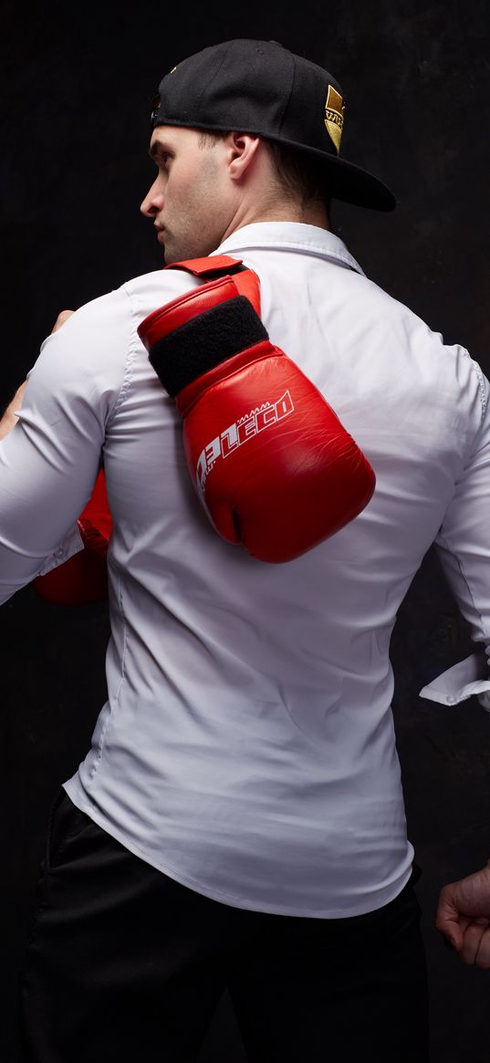 man, boxing gloves, athlete, boxer, back, shirt, cap