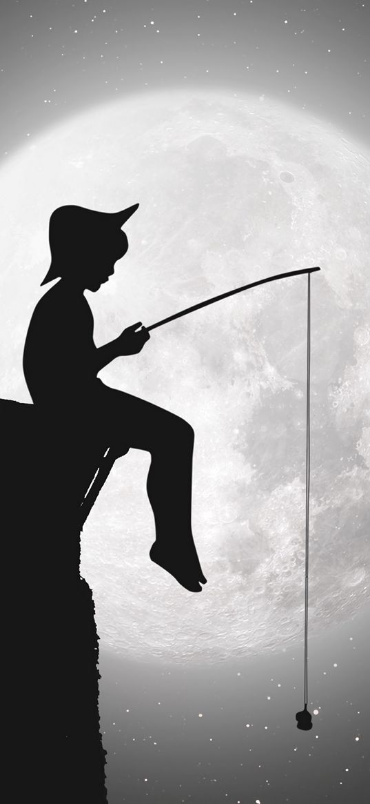 boy, fishing rod, moon, full moon, cliff, silhouette, fishing