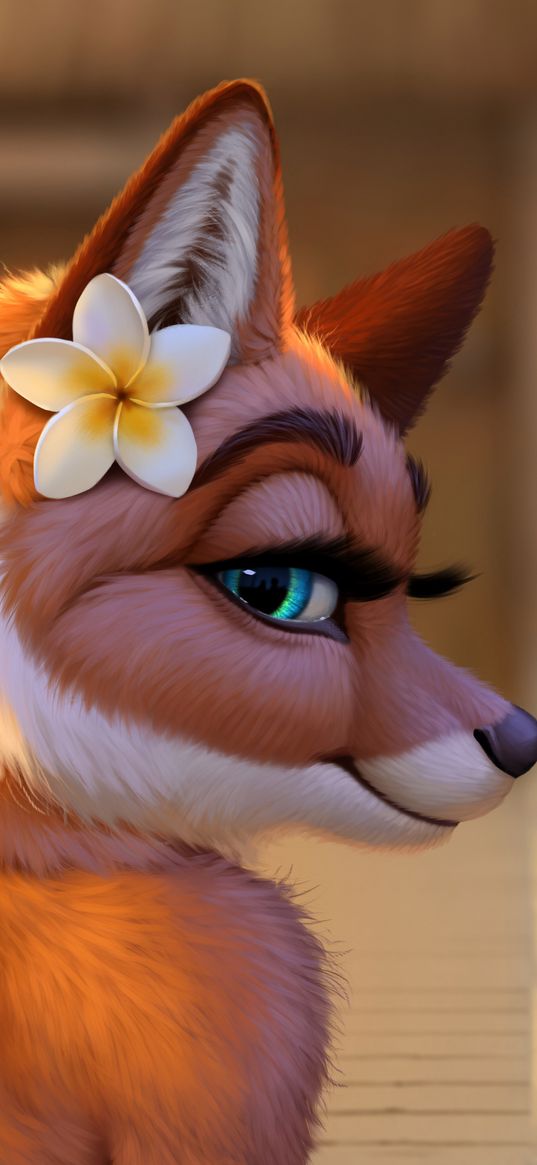 fox, cute, smile, beautiful, flower, decoration, big eyes