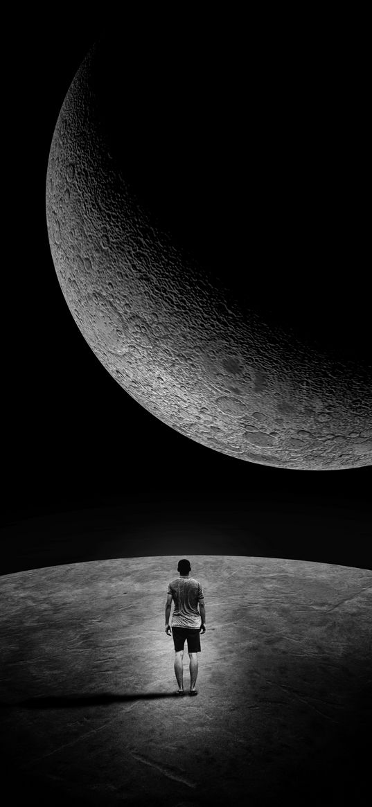 moon, man, loneliness, space, extraterrestrial, dark, black and white