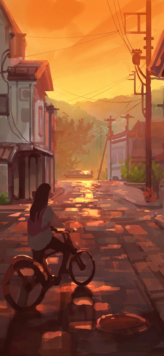 girl, bicycle, street, pavement, home, sunset