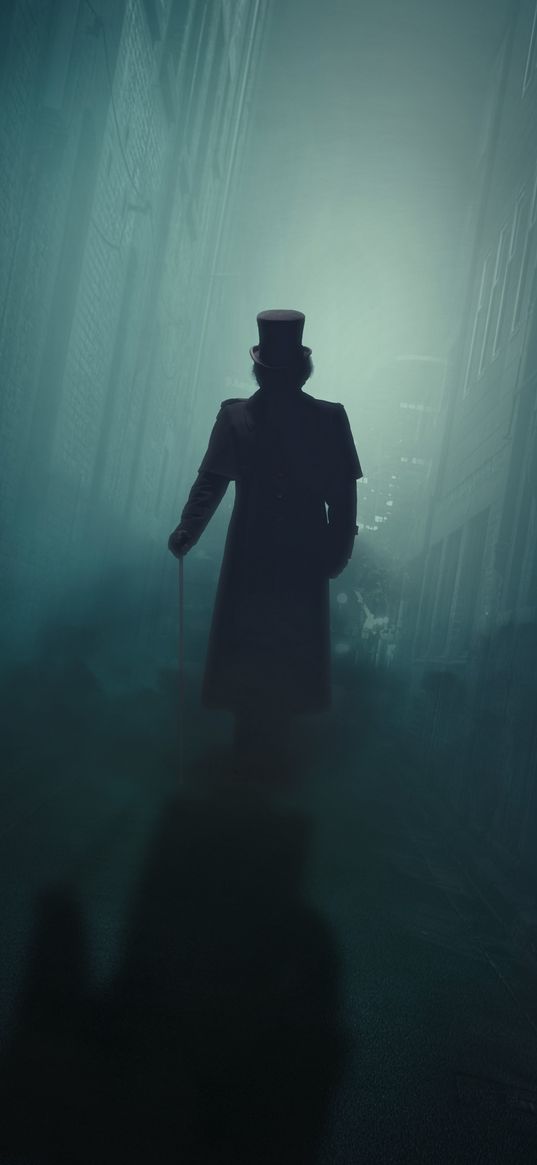 silhouette, lane, night, fog, shadow, hat, cane, walk away