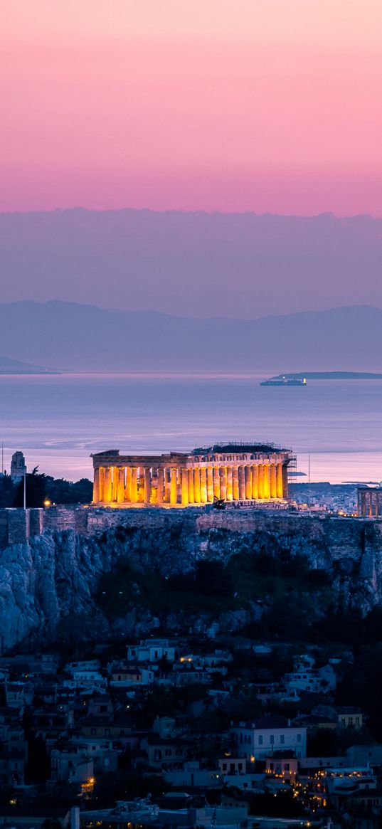 architecture, sunset, sea, acropolis, athens, greece