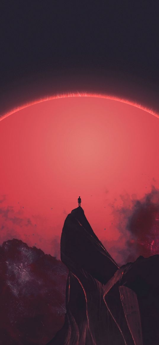 rock, silhouette, sunset, loneliness, red, big, sun, gloom