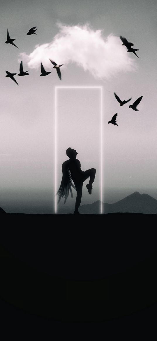 angel, silhouette, dark, frame, birds, cloud