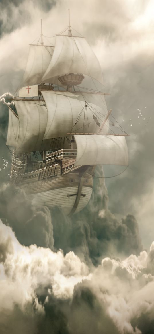 ship, frigate, clouds, sky