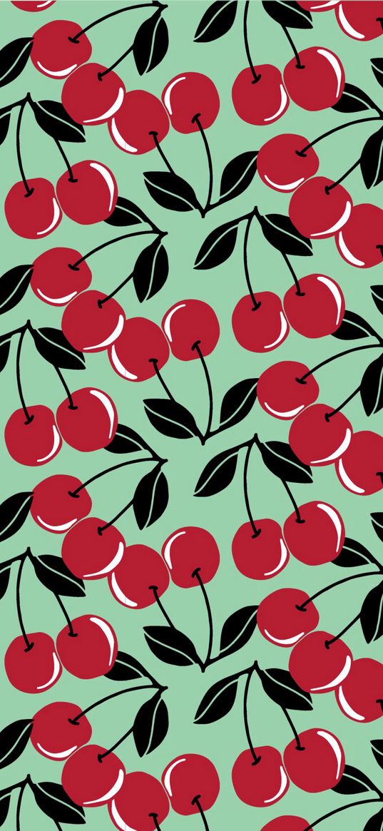 cherries, berries, fruits, red, leaves, scapes, pattern