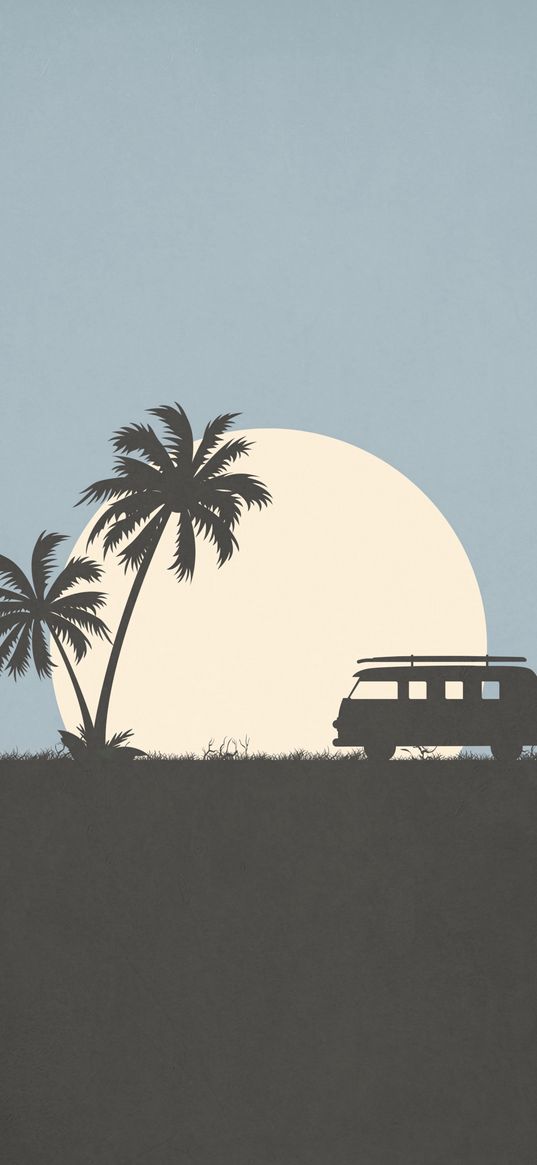 palm, sun, car, travel, art, vector