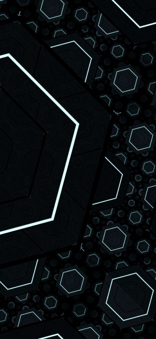 fractal, geometric, hexagons, lines, dark