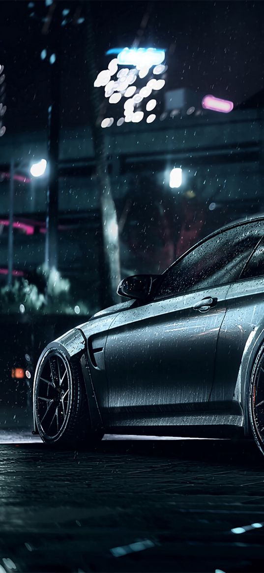 bmw, car, sports, coupe, gray, metallic, wet, night