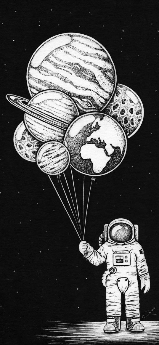 cosmonaut, astronaut, balloons, space, planets, drawing, bw