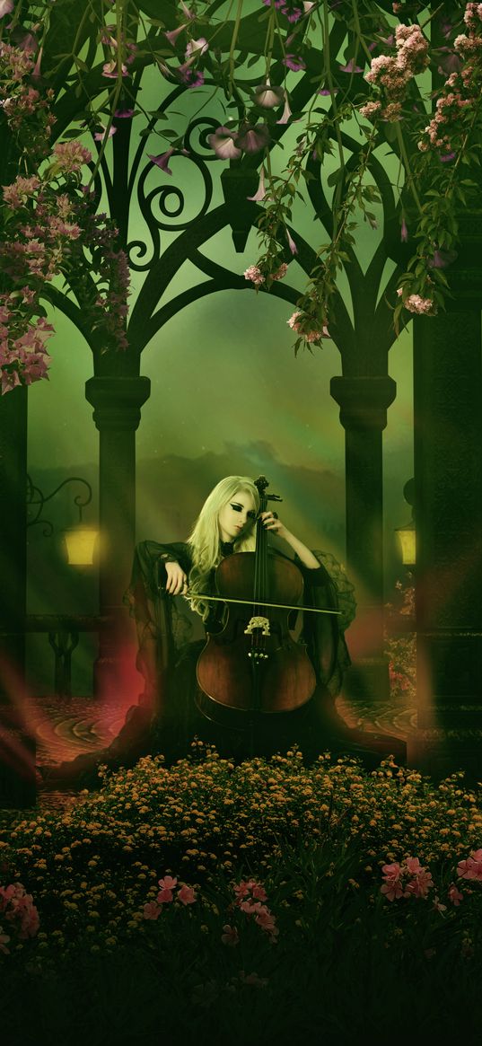 cello, girl, musical instrument, bow, play, photoshop