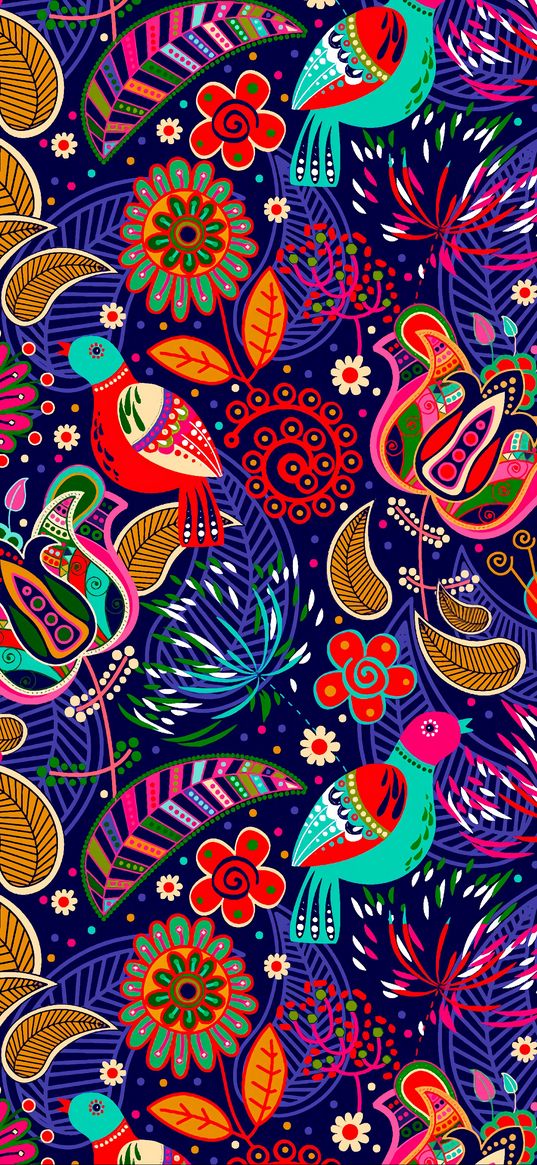 pattern, colorful, folklore, motley, bright, flowers, birds