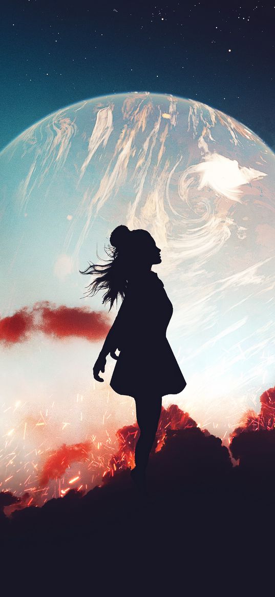 silhouette, dark, starry sky, planet, sparks, photomanipulation