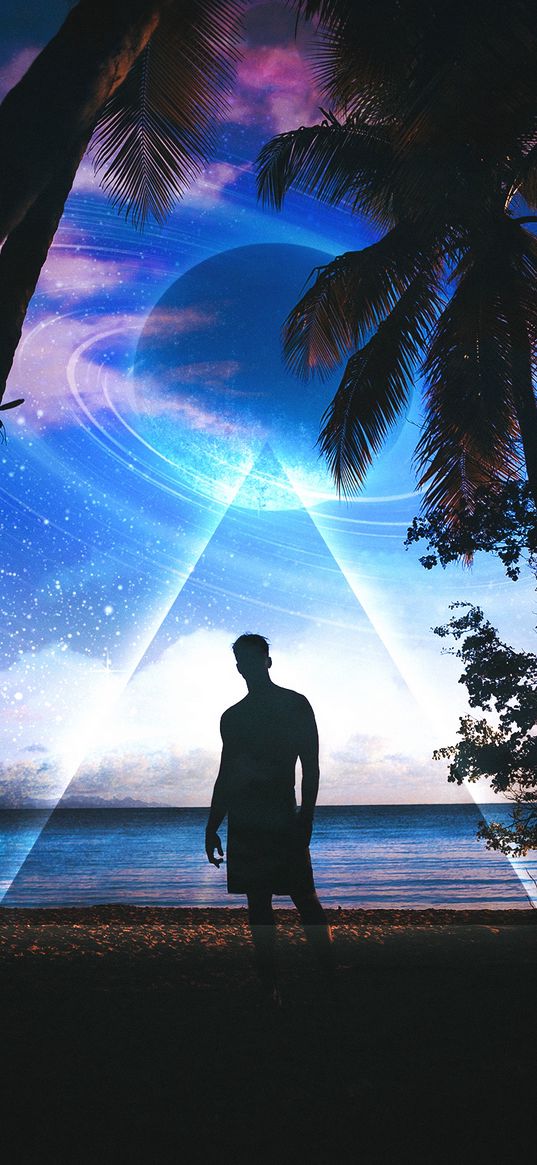 silhouette, dark, beach, palm trees, triangle, planet, photoshop