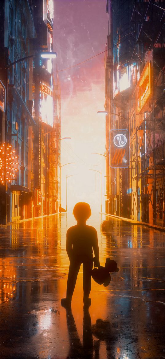 child, city, flash, street, light, bright