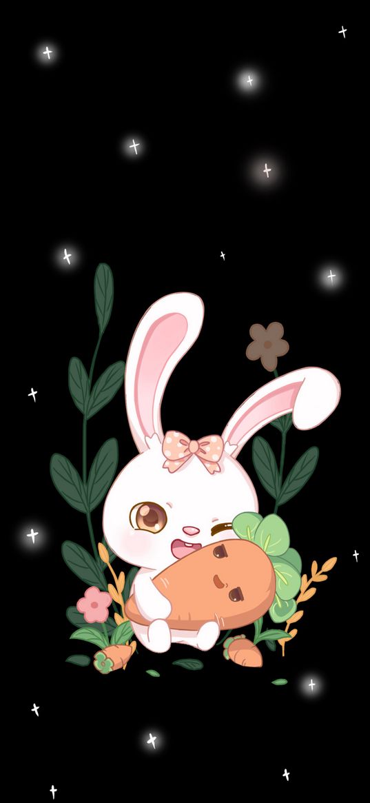 rabbit, art, cute, funny, carrots, stars, bow, flowers