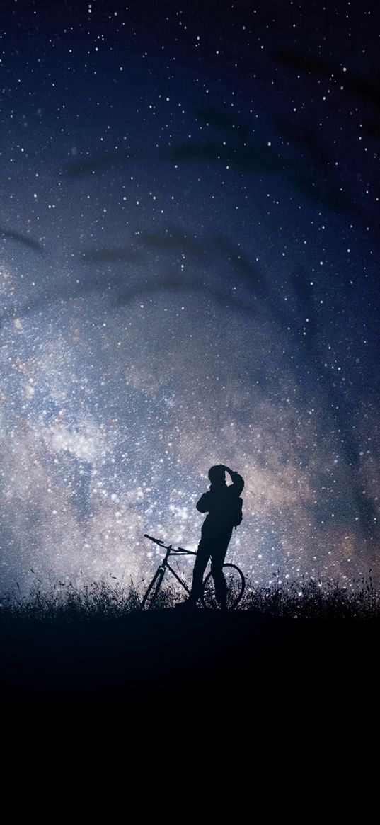 bicyclist, silhouette, starry sky, night, milky way